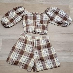 Brown Flannel Plaid Coord Set Crop Top & High waisted shorts | Size S |